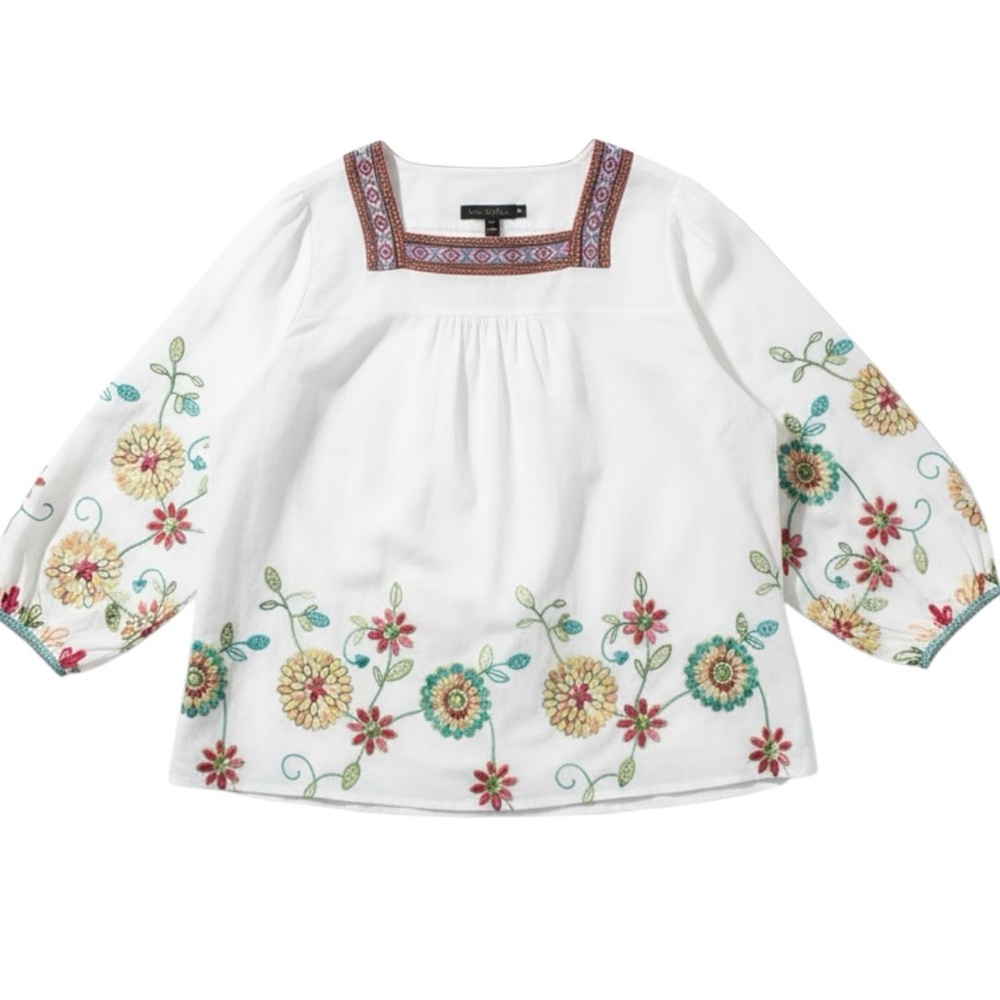 Calessa Embroidered White Cotton Floral Puff SleeveTunic Square Neck Blouse 1X